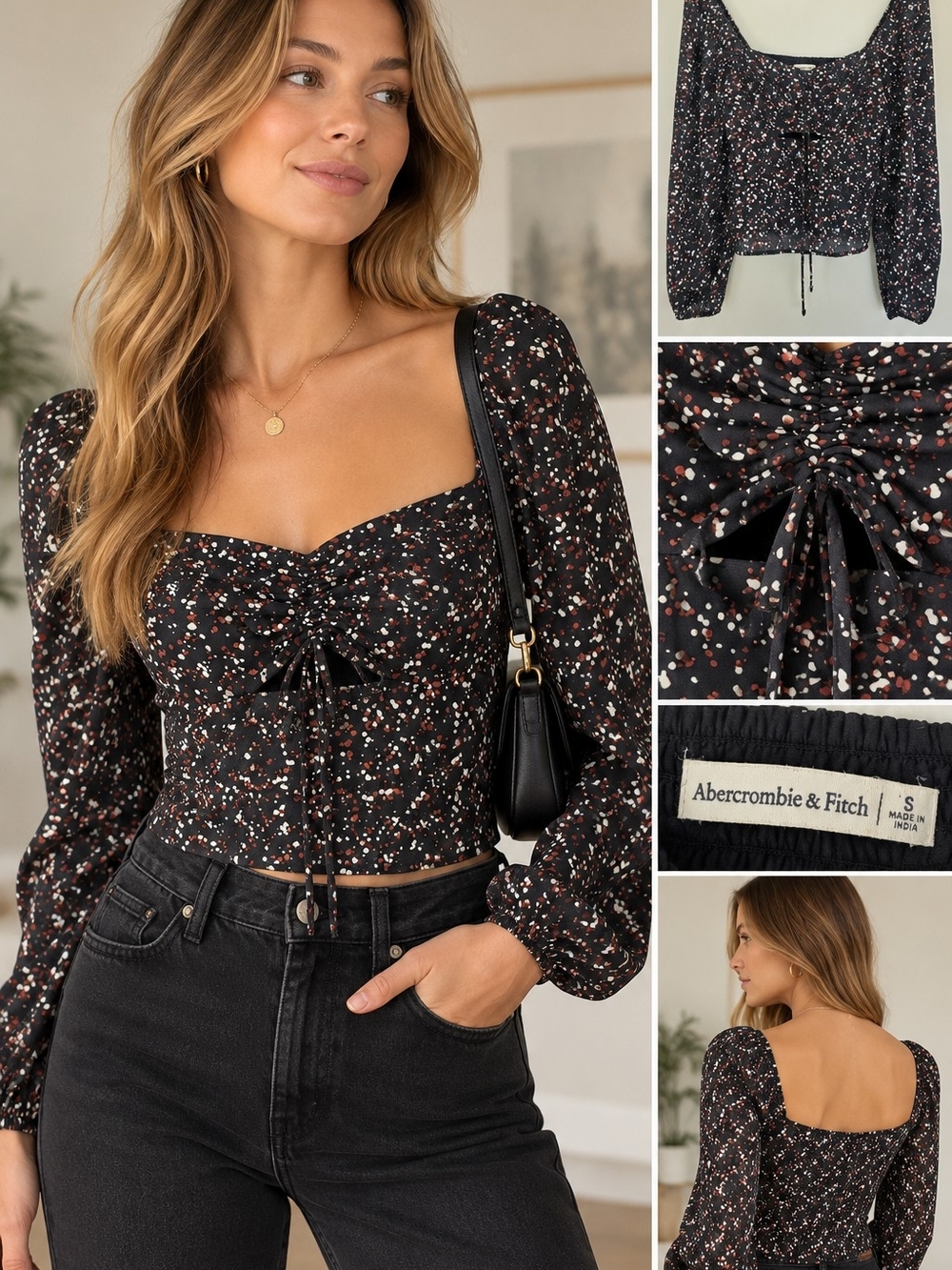 Abercrombie & Fitch Ruched Tie Front Puff Sleeve Blouse Black Print Size S